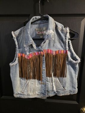 Hot Kiss Light Blue Denim Vest with Brown Fringe and Pink Trim